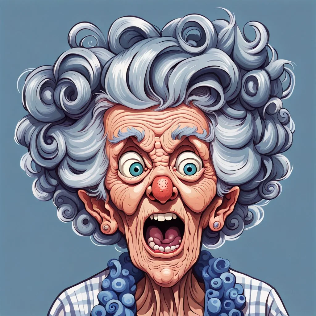 A delightfully eccentric cartoon illustration of a spirited elderly woman with wild gray hair in messy curlers, standing straight up a round her head. Her exaggerated facial features include wide-open eyes with visible blue irises and large pupils, a humongous open mouth as if screaming animatedly, and her wrinkled skin showcases her age. The woman is fervently pouring coffee from an overflowing black pot into an overfilling white cup, with coffee spills frozen mid-air. She wears a pink shirt w