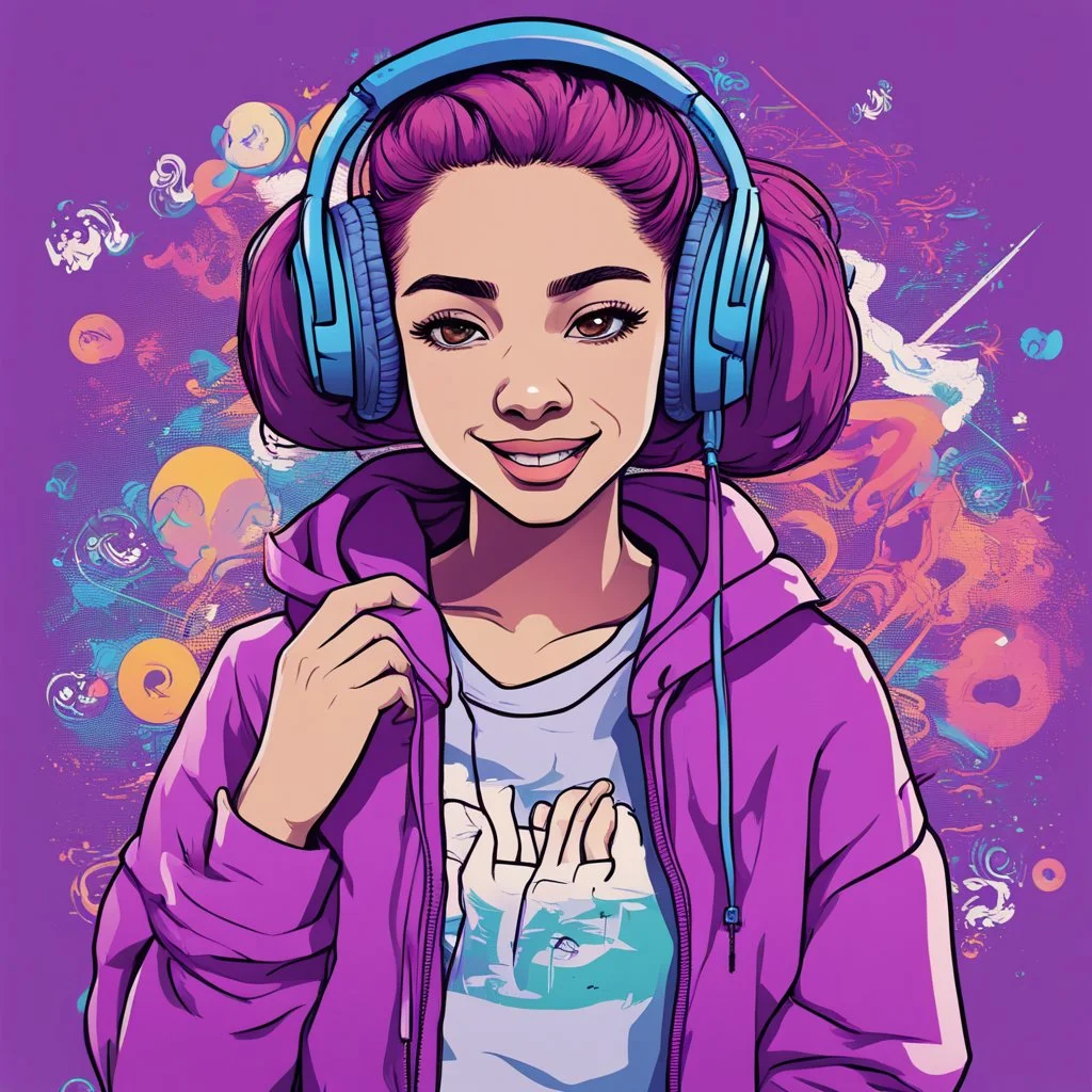 masterpiece, intricate details, a wide angle 2D anime bold line flat colour illustration of a cheerful girl in a high purple hoodie and headphone in hip hop style, dopamine style, overlaying mixed patterns of pop art text and emoji device installations, sharp focus, charming character illustration, beautiful vibrant kuler palette gradient