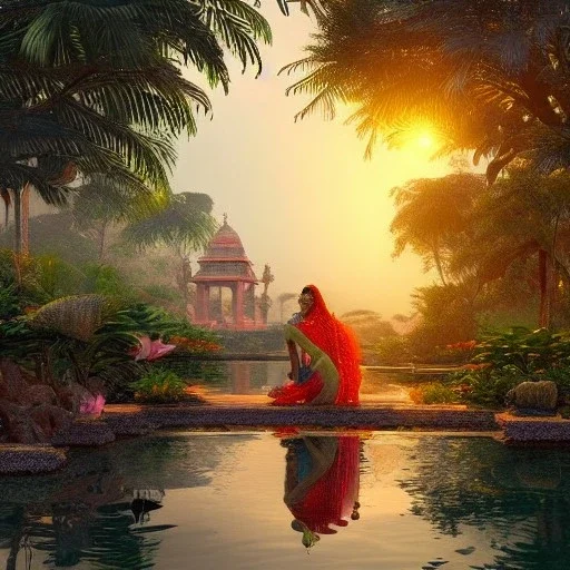 highly detailed indian lake with temple, indian woman in sari with children and lotus landscape with birds, jungle, sunset, illustration, cinematic lighting, 4k, 8k, octane render, digital concept art, trending on artstation, pinterest, extremely detailed, ambient lighting.