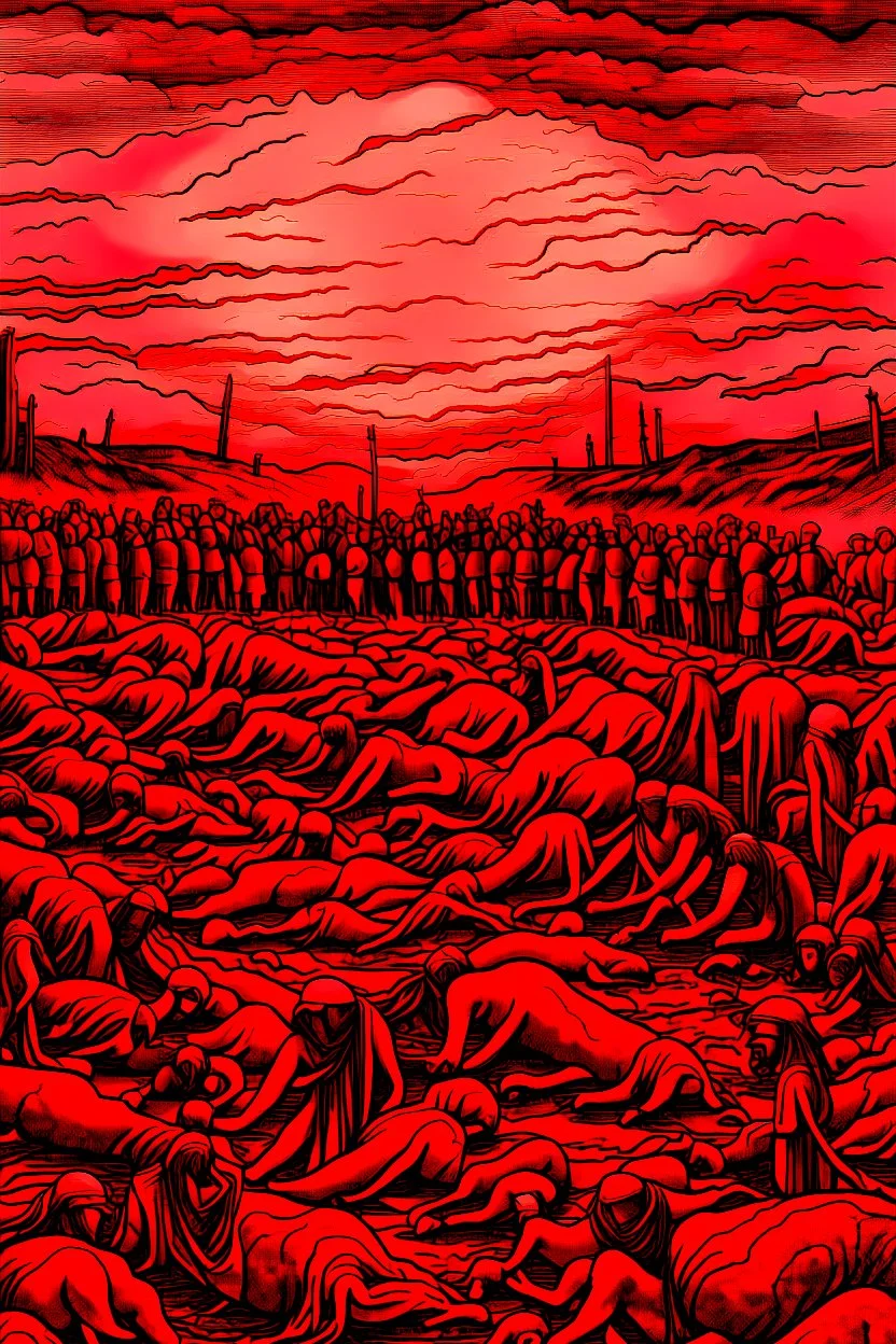 A lot of Prisoners line up in hell , red clouds in the sky with huge amount of dead people laying on the ground