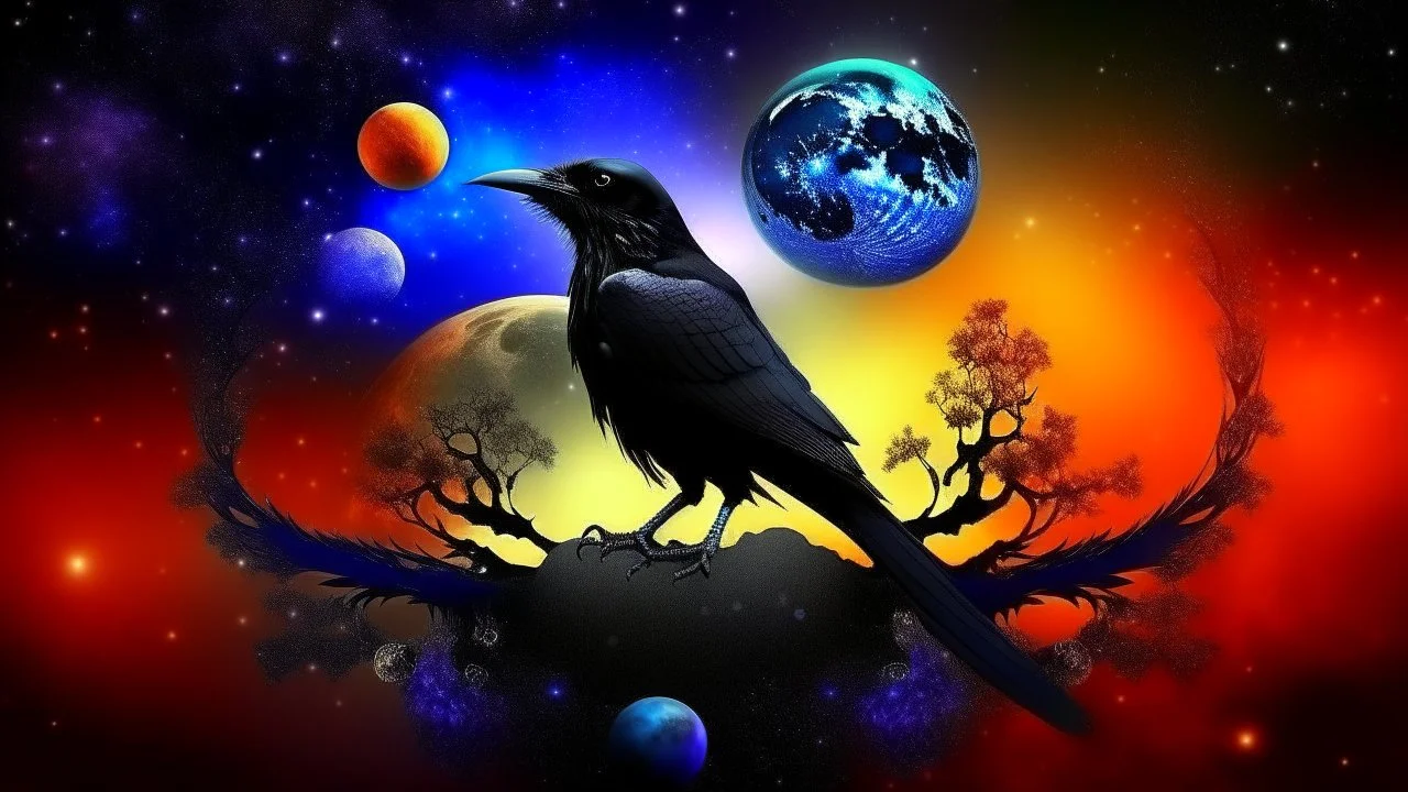 Crow in a space an the background of planets, souls, tree of life