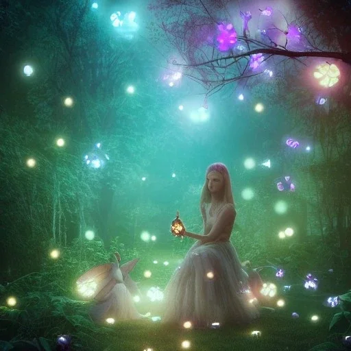 Pixies and Fairies in a garden ,glowing , free, many fairy lights inside a forest, ghostly lights, polaroid, symmetry, bioluminescence, luminescent glow, moody, tender, photorealistic, octane render, golden hour,MTG,digital painting,by Anna Dittmann