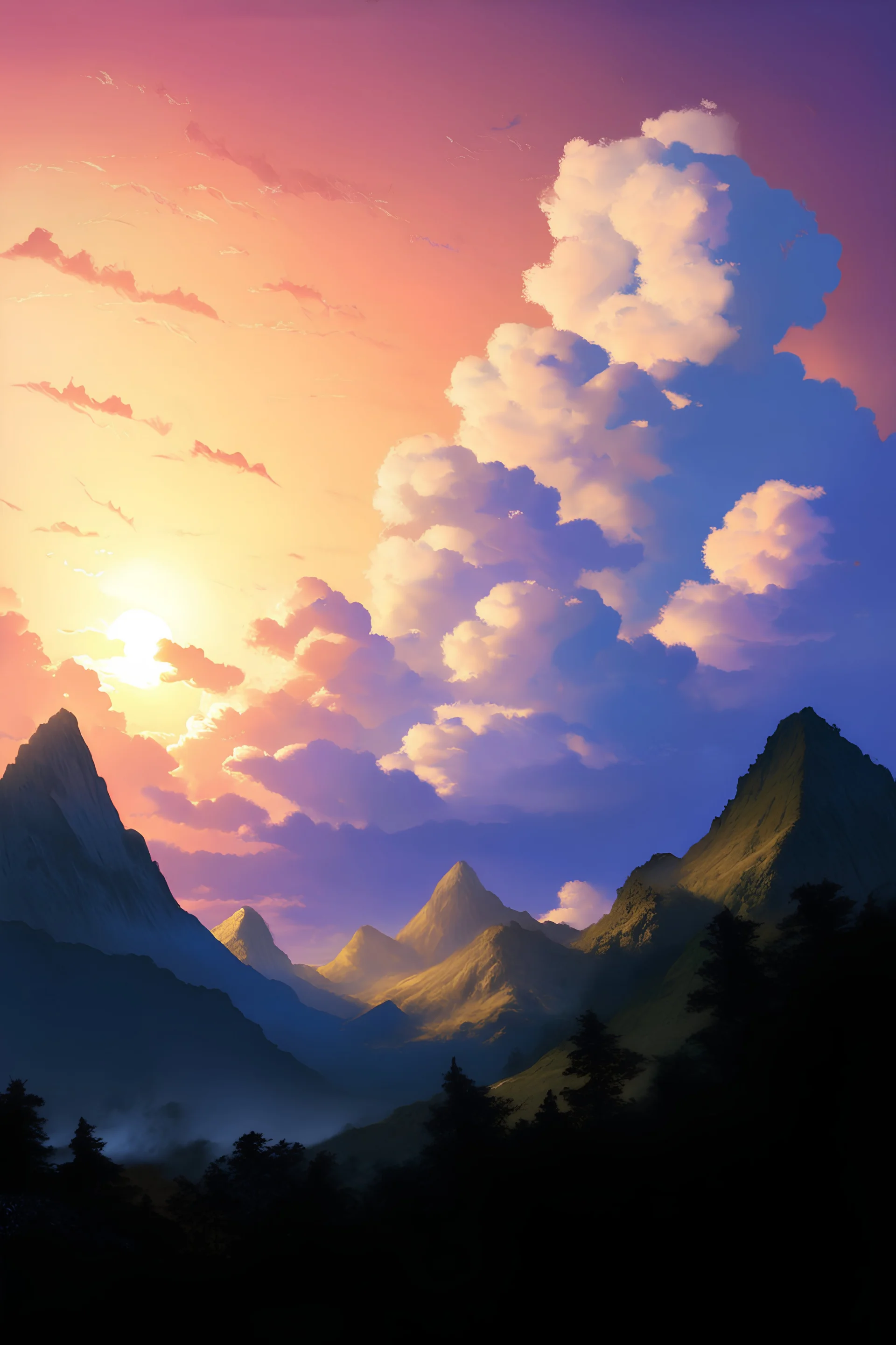 Realistic background of sunset with color full clouds behind a mountain