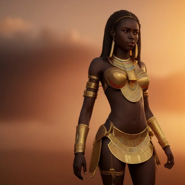 young african woman, short dark hair with golden highlights, ancient ((Egypt)),whole body, ancient armor, lion, golden jewelry, kente, flames as clouds, magnificent, majestic, highly intricate, incredibly detailed, ultra high resolution, complex 3d render,