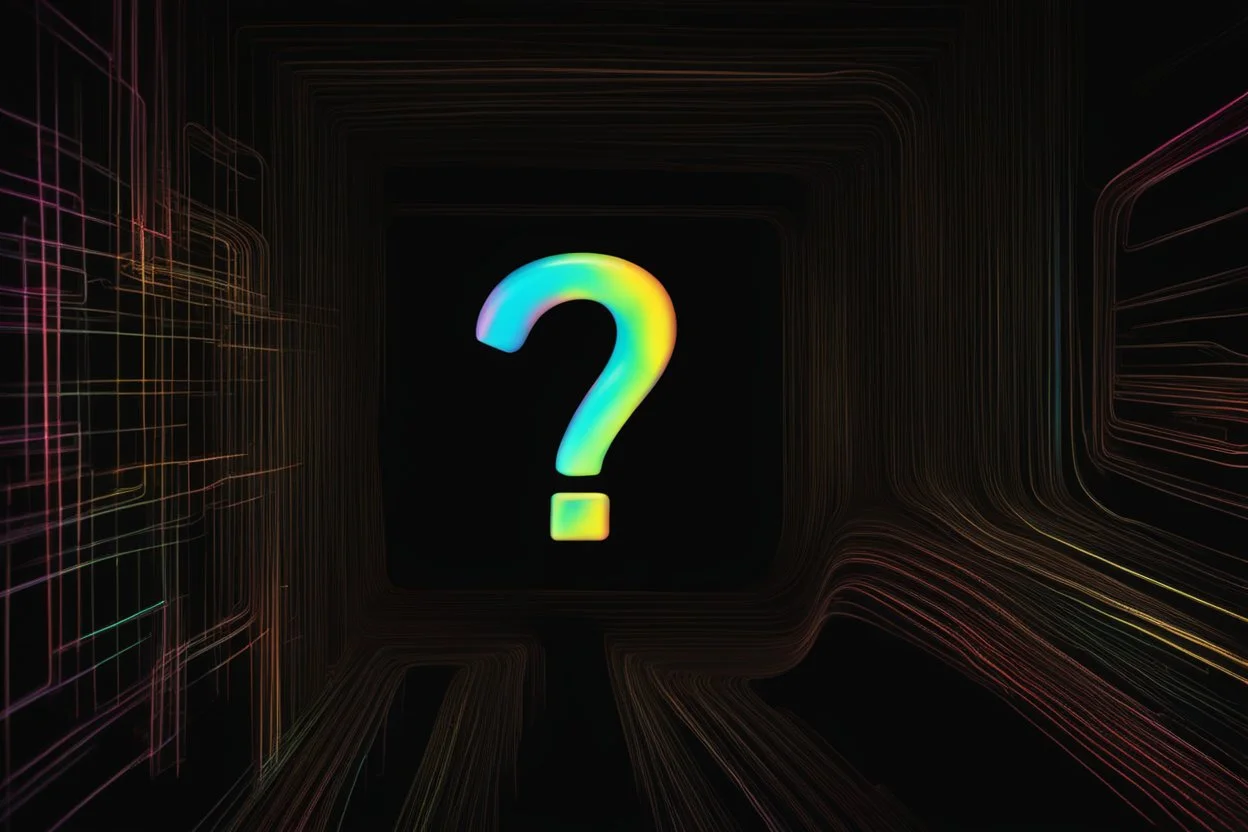 black background, outlines of a holographic question mark drawn from thin neon-coloured glowing lines