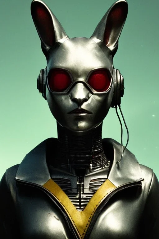 Medium Close Up Portrait, Front image. cyberpunk, rabbit mask, Soviet woman, white short hair. latex, titanium suit. Yellow, black, red, color. Star Wars style. Color background, photo studio. Avatar image, highly detailed, concept art, smooth, unreal engine 5, god rays, ray tracing, RTX, lumen lighting, ultra detail, volumetric lighting, 3d, finely drawn, high definition, high resolution.