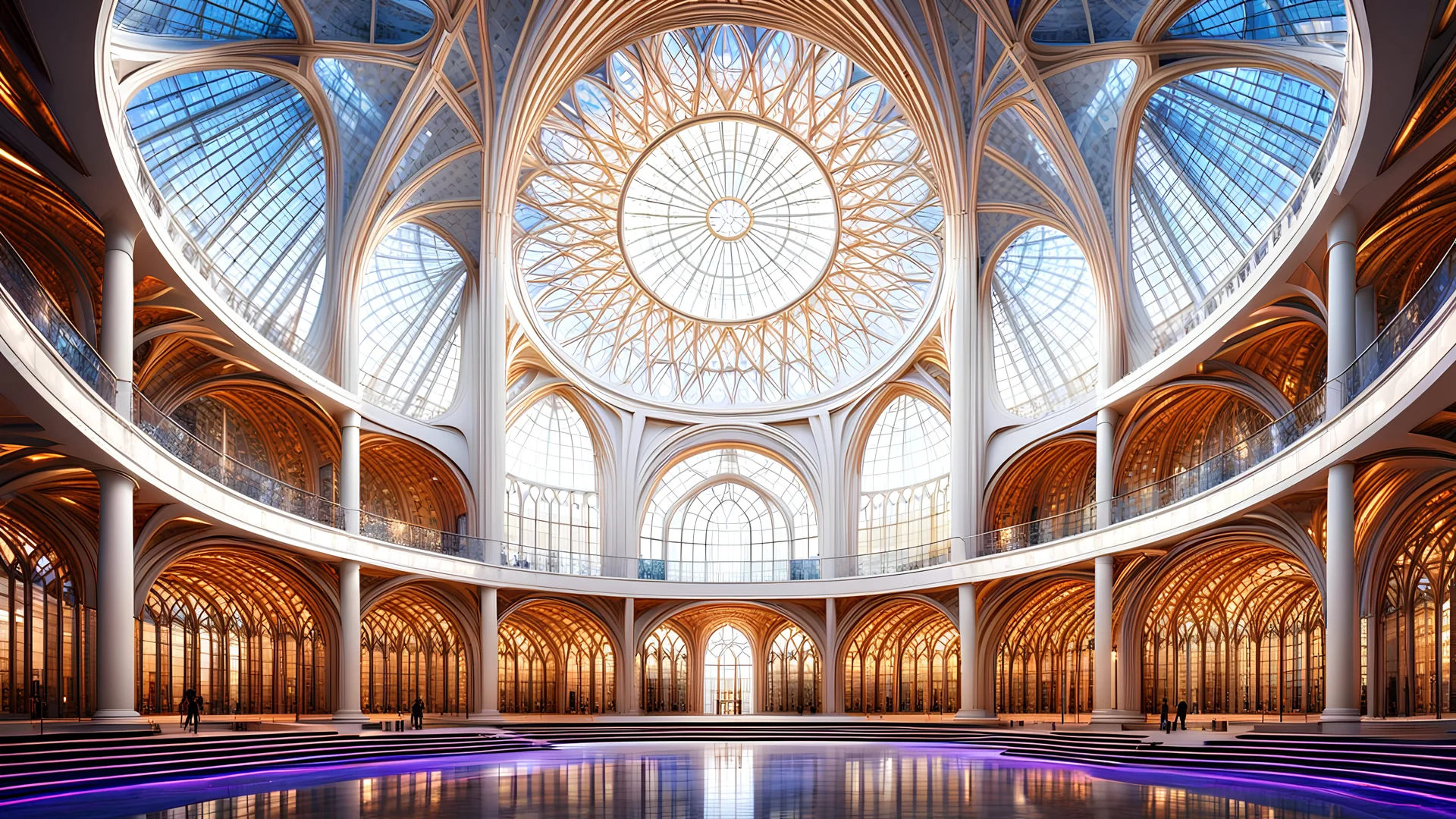 futuristic fantastic symmetrical circular cathedral interior view, year 2060, night, beautiful, colorful, totally symmetrical design, style Shigeru Ban, innovative architecture, award-winning photograph, awesome, serene, inspiring, spiritual, impressive, cinematic lighting, epic composition, photorealism, very high detail, Unreal Engine, Octane render, HDR