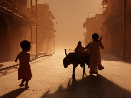 children playing on the Indian street capture them against the sun and make an art silhouette, details, sharp, 8k