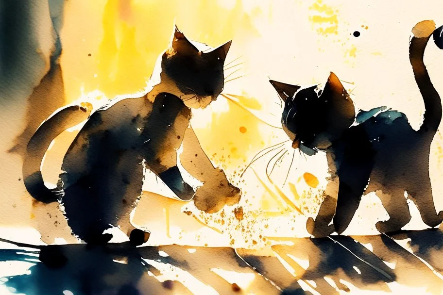 cats playing activity, melting watercolor and black ink outlines on wet paper, soft, shading strokes, in sunshine, ethereal, otherwordly, cinematic postprocessing, bokeh, dof