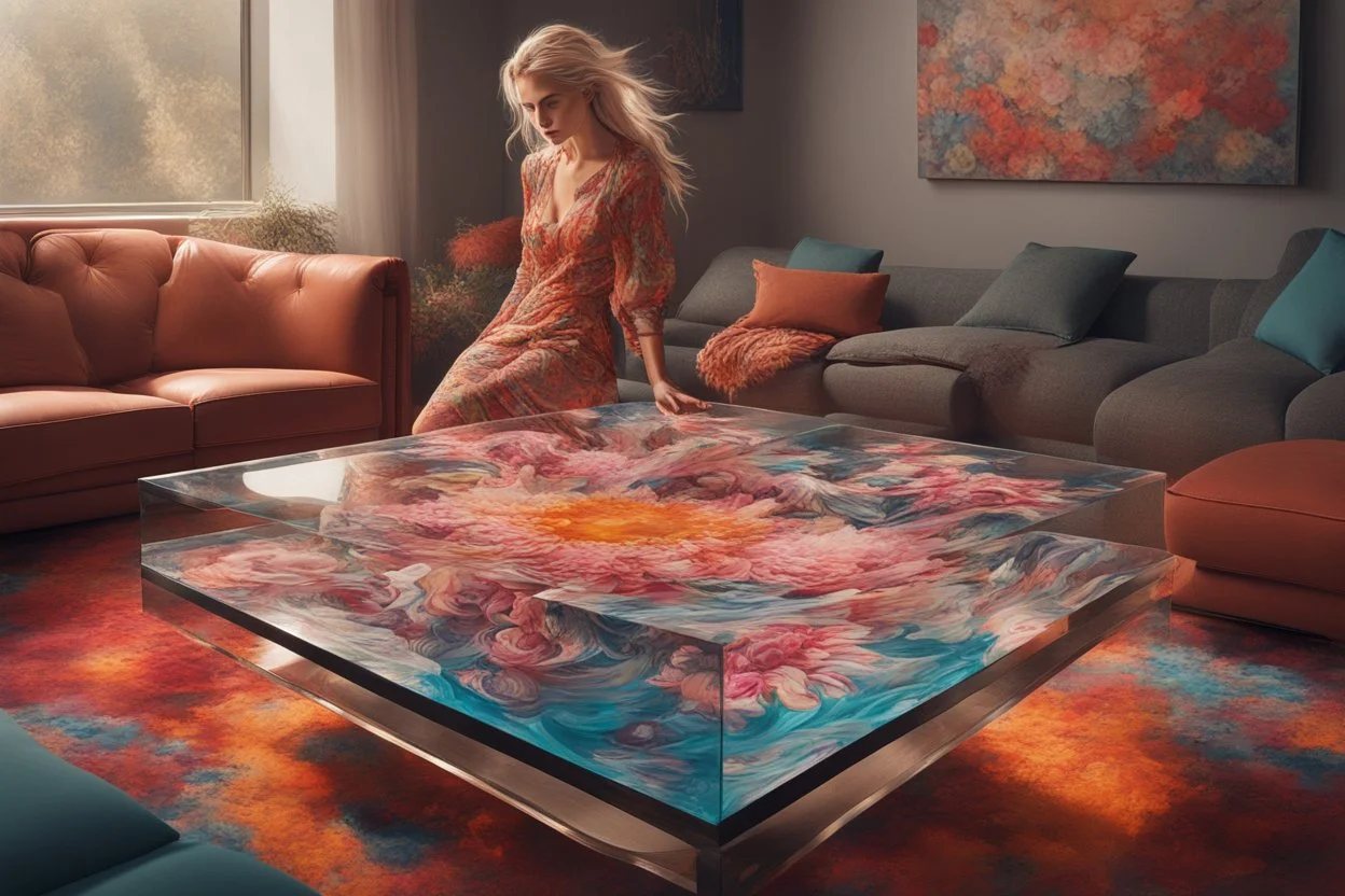 Image capturing the fantastical scene you described, with a central female figure surrounded by an explosion of floral and fluid elements, mixing hyperrealism with a touch of surrealism. The vibrant colors and dynamic movement create an immersive and energetic composition. Image is inside an ice cube on a coffee table.