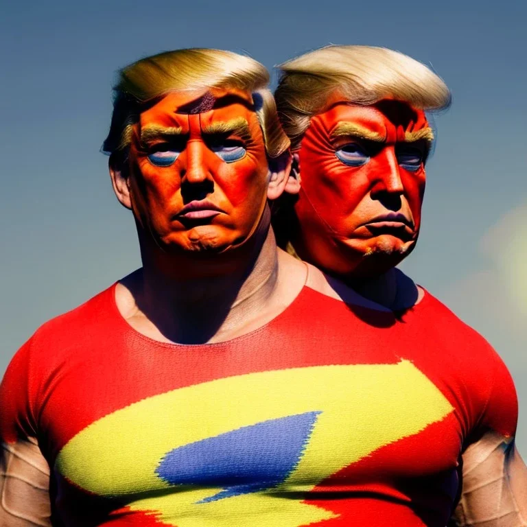 Realistic image of Donald trump wrestler, Mexican wrestling style, Mexican wrestling mask for eyes, red and blue breeches, glow us flag dress, suspenders, retro style, 80s, vibrant color, highly detailed, sky background, concept art, unreal engine 5, god rays, ray tracing, RTX, lumen lighting, ultra detail, volumetric lighting, 3d, finely drawn, high definition, high resolution.