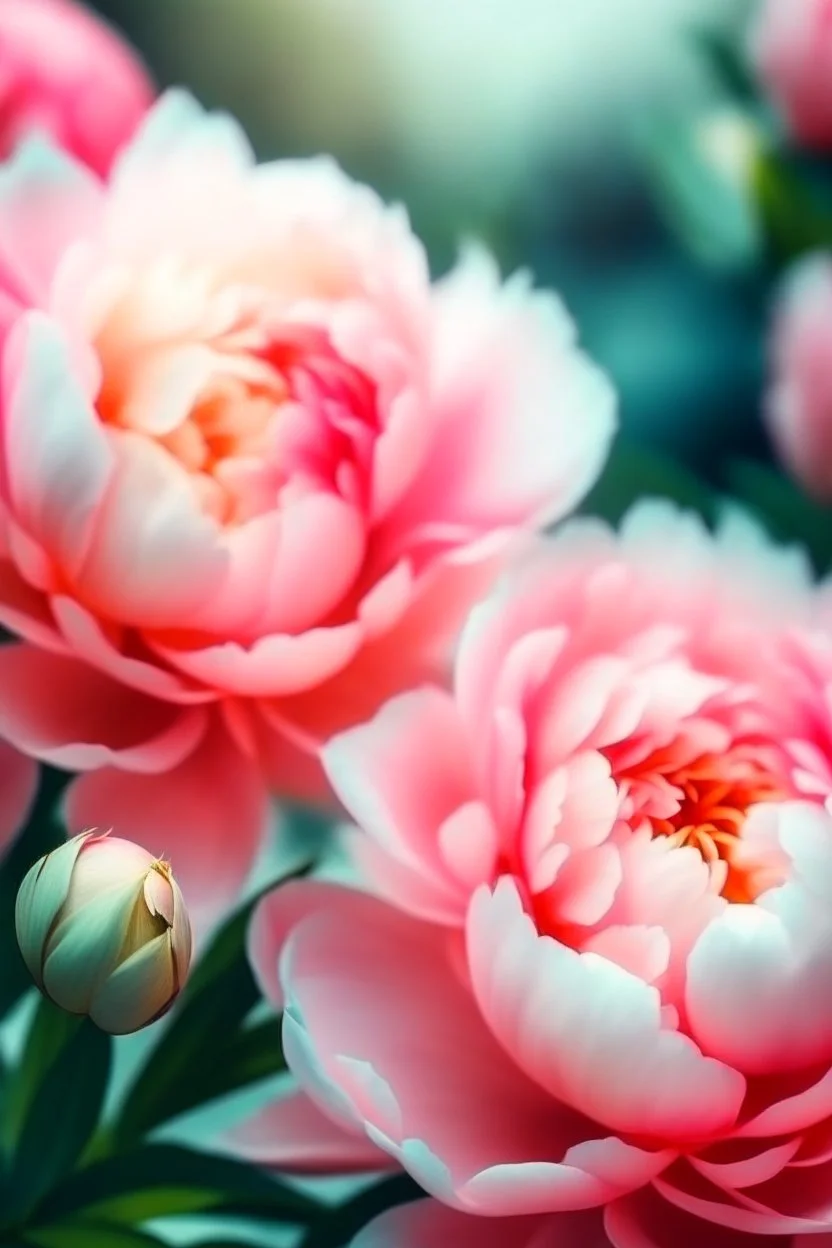 The flowers are pink delicate peony ...bush , English watercolor, hyperdetalization delicate pastel tones , hazy , mirage , haze , aesthetically pleasing, beautiful, bright lighting