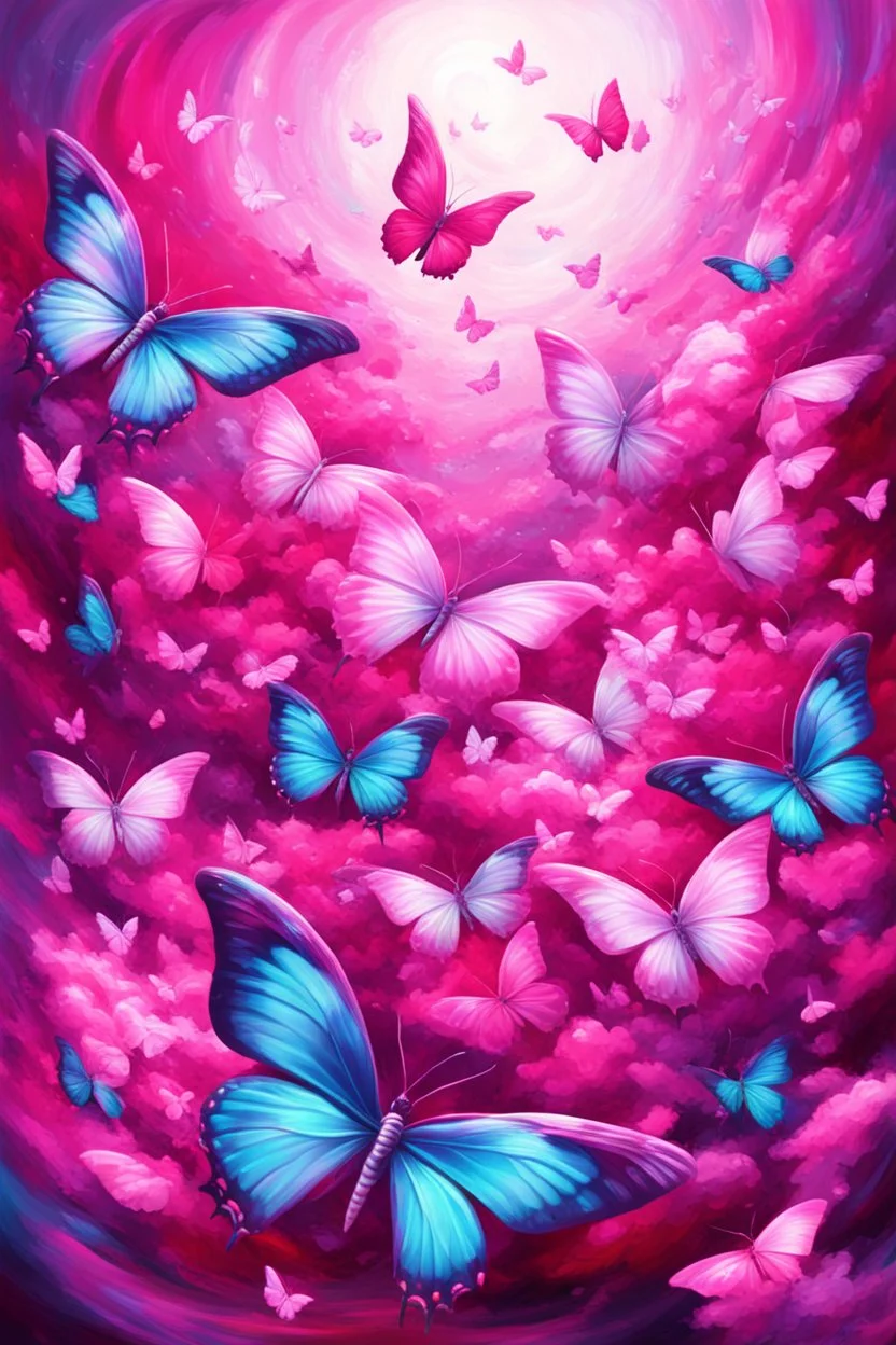 vibrant psychedelic oil painting image, airbrush, 64k, cartoon art image of background HOT PINK and WHITE BUTTERFLIES , futurism style