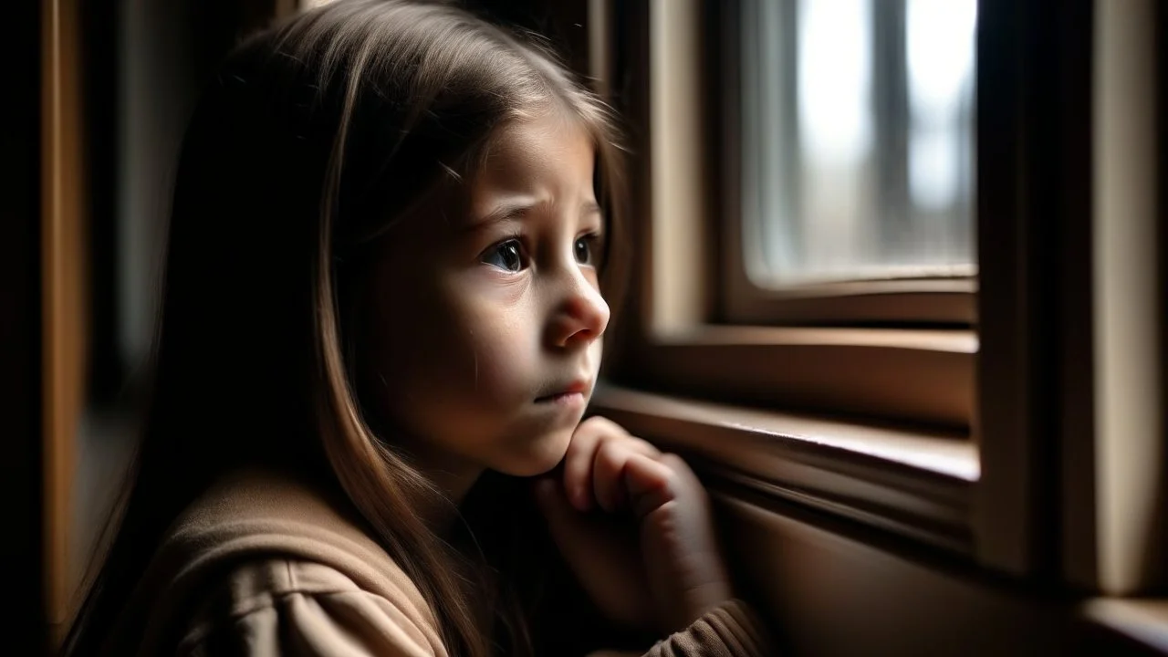 An 11-year-old girl looks out of a window inside the classroom, her hand is not visible, her skin is between brown and white