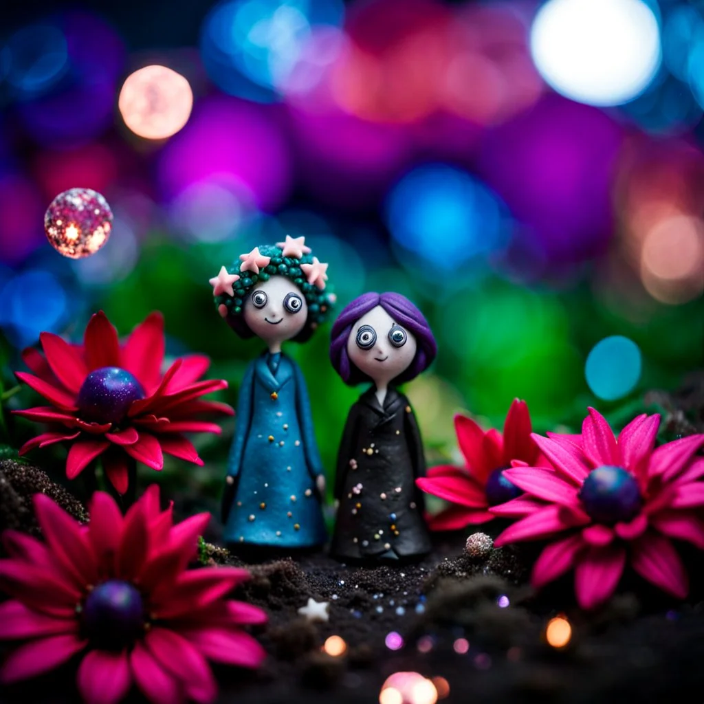 Fake people made of modeling clay, naïve, stars and planets, flowers, naïve, Tim Burton, sparkles, Harry Potter, bokeh