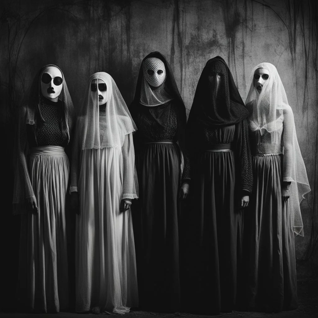 [The Norns] Vintage black and white photo of three young woman eerie figures wearing creepy masks and veils, one with a circular hole and the other with intricate wires and mesh, standing side by side in a dimly lit room, with a plain background, reminiscent of old horror photography, with a haunting and surreal atmosphere.