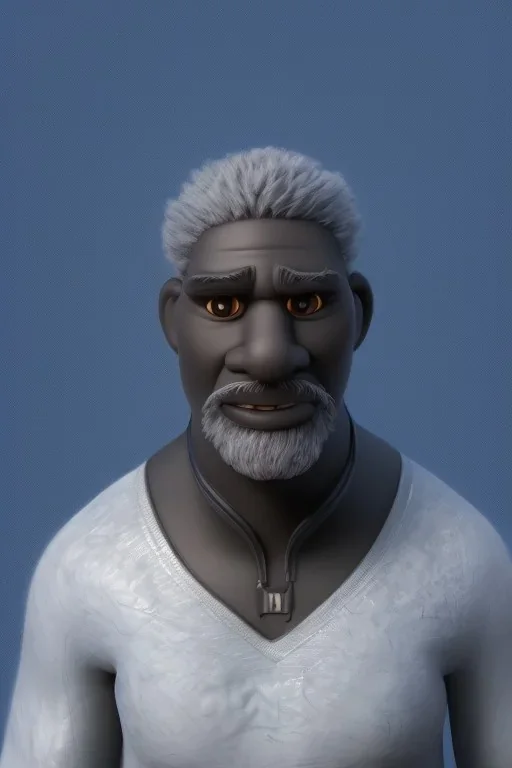 3D render of a cyberpunk tribal old black man, gray hair and goatee, on a dark blue jungle background, digital art