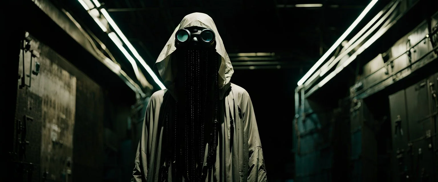 Whispers in the dark alleys of the surviving cities speak of Kai Virtuoso - the ghost in the machine. Draped in garments seamlessly integrated with camouflage tech, and goggles perpetually projecting data streams before his eyes, imperfection, natural lighting, cinematic, Fuji Film, Anamorphic lens, 2040s