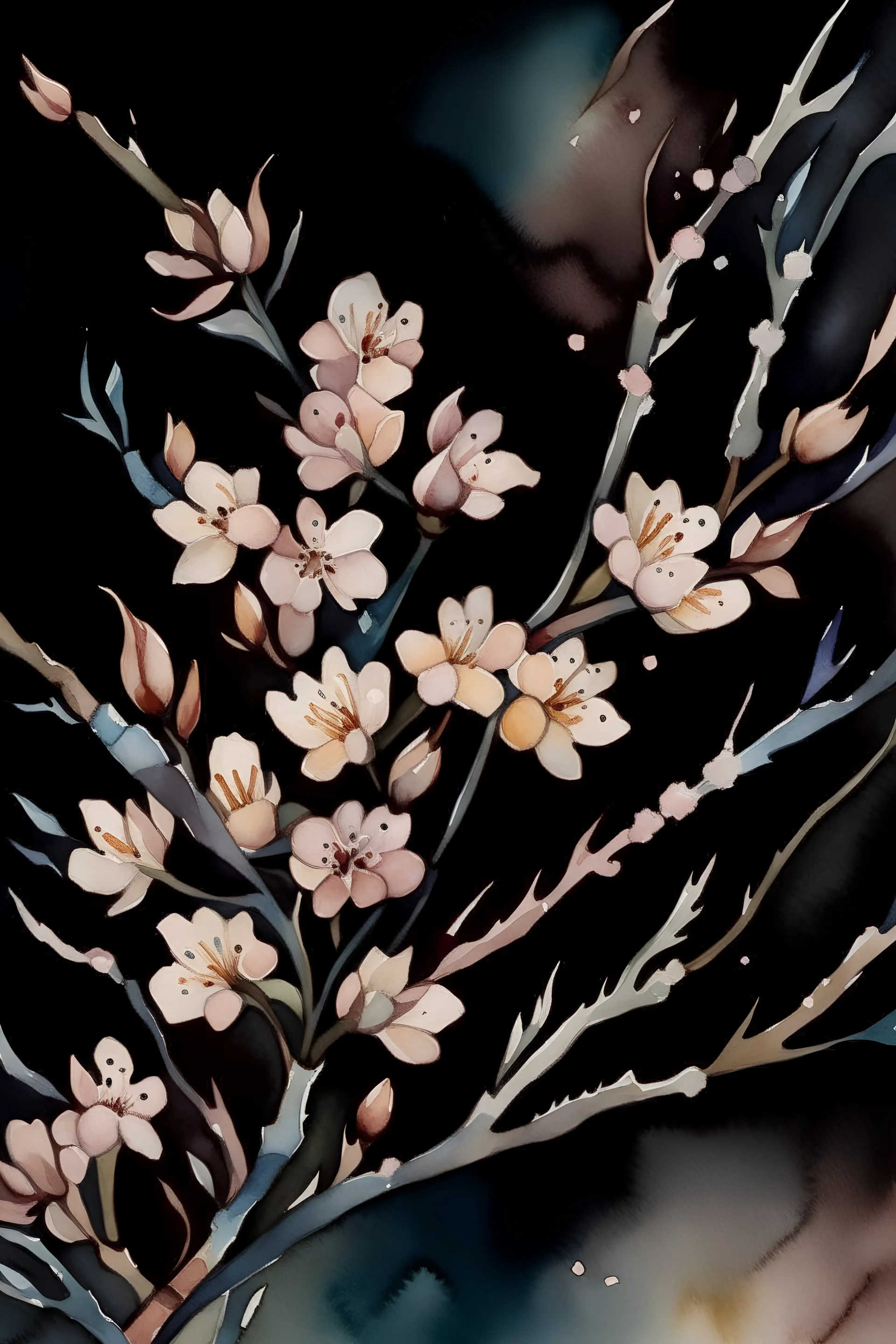 Watercolor painting of a Japanese cherry tree in bloom on a dark background, muted colors