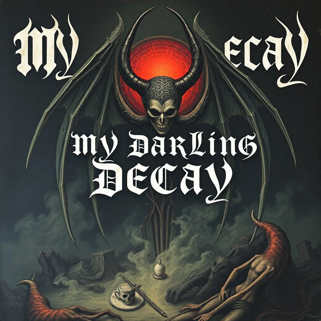 Create a death metal image surrounding "MY DARLING DECAY" in a death metal font, album cover design, image depicting The Devils Baroque Black Magic, a surrealist Hieronymus Bosch inspired matte oil painterly style which appears old and arcane and medieval