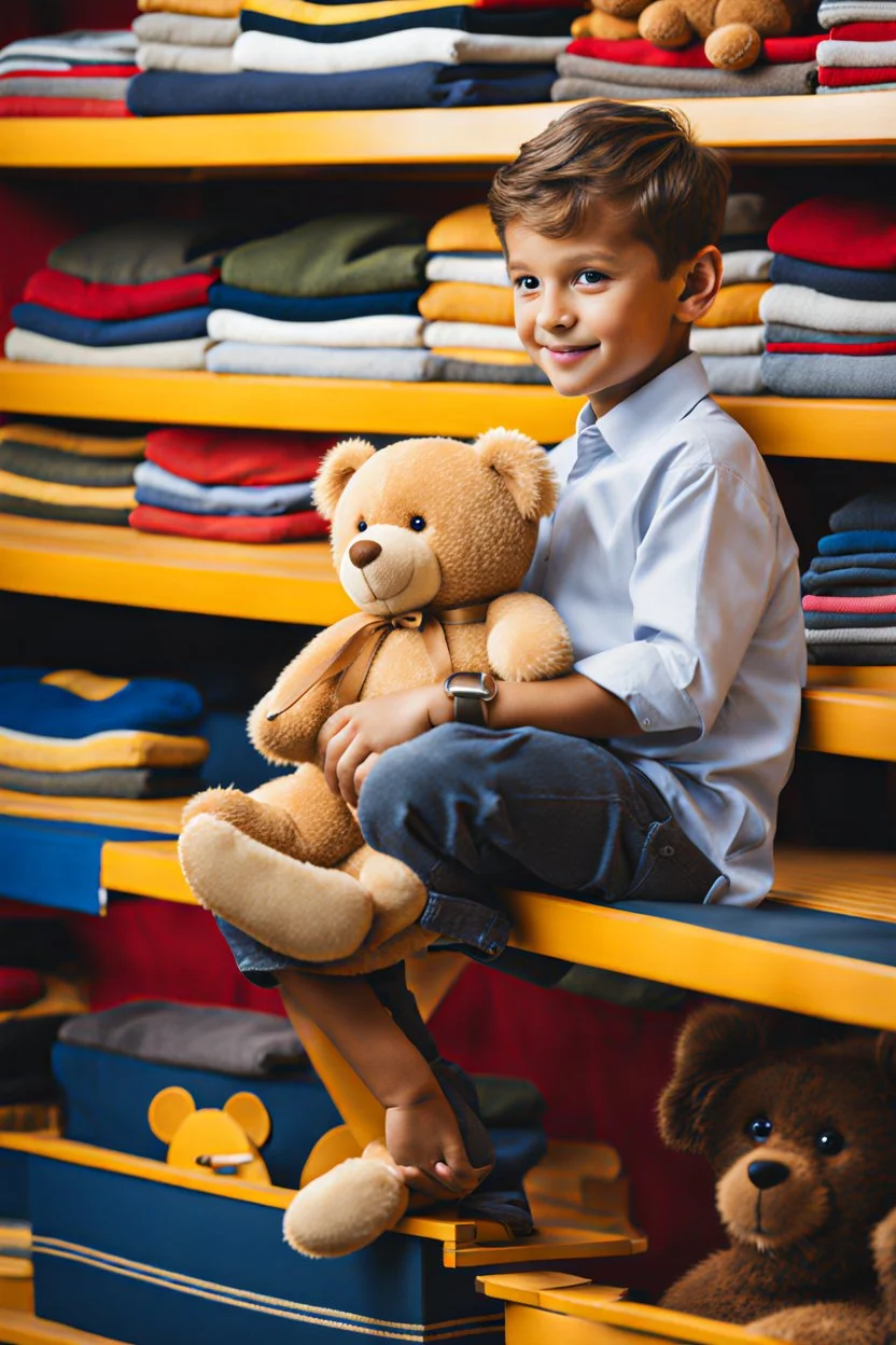 a young boy sitting on a shelf holding a teddy bear,7 years old, shirt