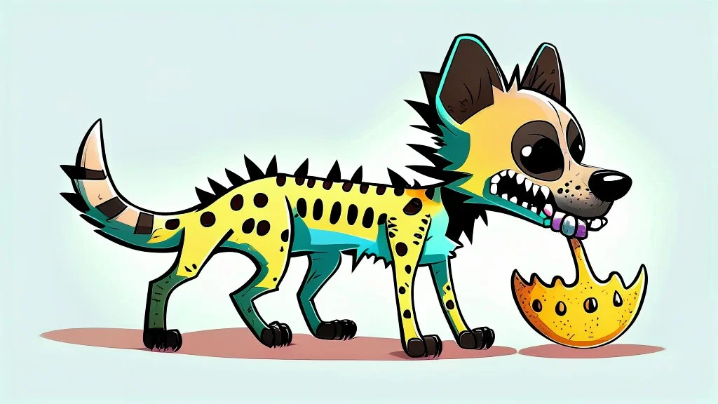 Cute chibi-style hyena dog, eating a big bony skeleton, cartoony, colorful, exaggerated, simplified, adorable