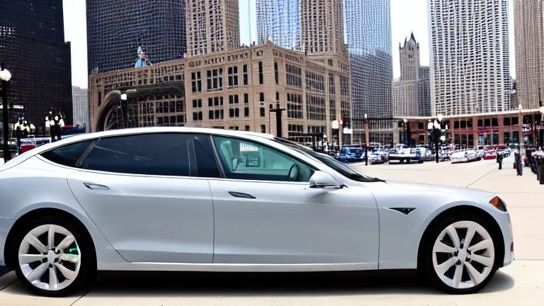 A Tesla's 'Model S Plaid' is parked, on the Navy Pier, in Chicago. CINEMATIC. WIDE ANGLE LENS. PHOTO REAL.
