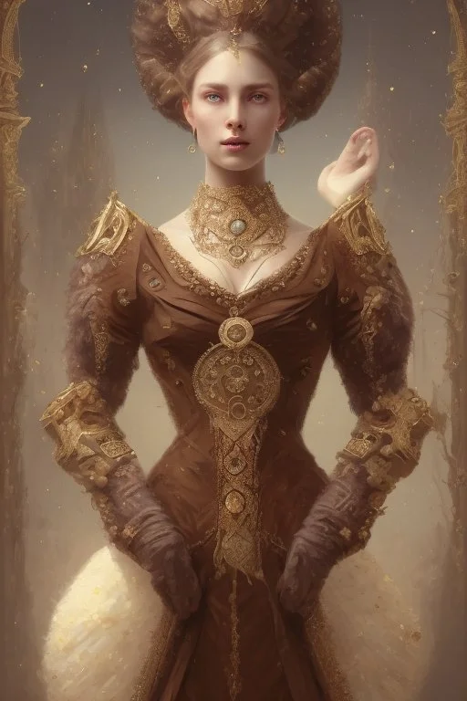 beautiful and gorgerous duchess with incredible jewellery in 19th century clothing by Greg Rutkowski and Artgerm and Emile Vernon and Vladimir Volegov, in a brown dress, mystical castle background, art illustration, natural beauty, muted colors, pastels, perfect fingers, higly detailed, expressive, high detail, symmetrical, digital painting, symmetrical eyes, dynamic lighting, artstation, cinematic lighting, intricate artwork, emitting diodes, smoke, artillery, sparks, racks, system unit, mother