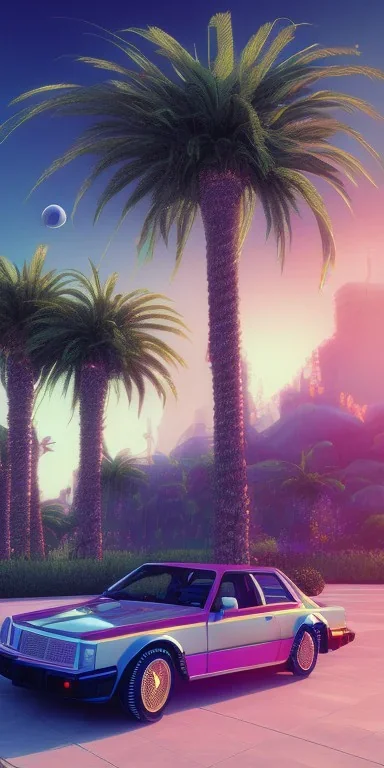 1980's aesthetic vaporwave palm trees with spheres and car