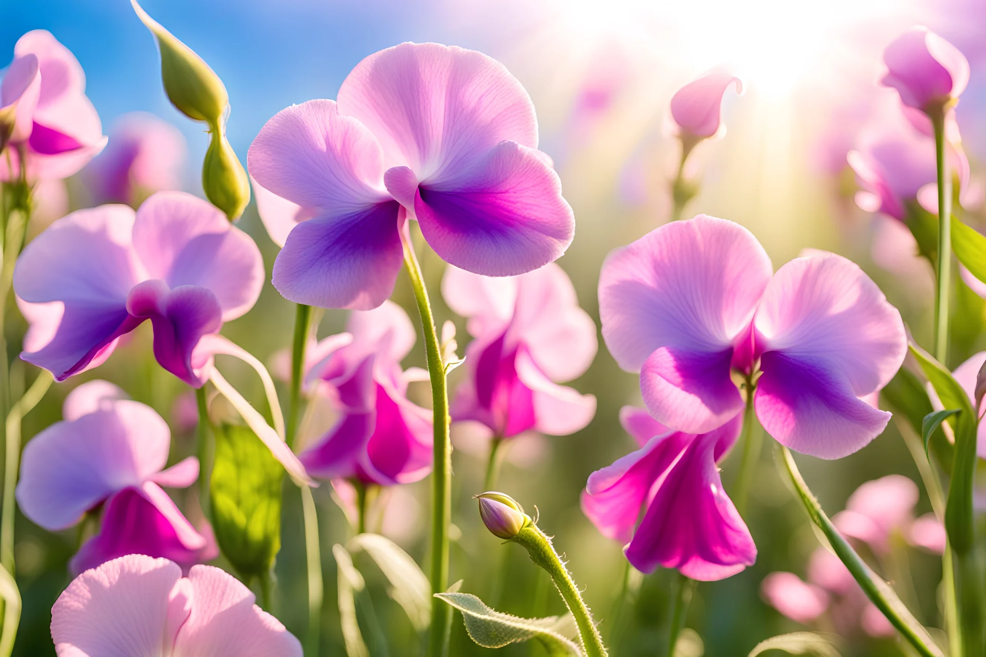 Magic garden with the sweet pea flower, parma or pink flowers, parma or blue light effects colors, sunny rays, realistic, the sweet pea flowers around, highly detailed, high contrast, 8k, high definition, concept art, sharp focus