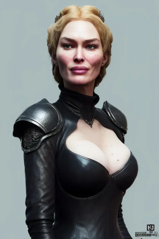 Cersei Lannister as evil queen in black leather coat, busty, cleavage, voluptuous, lena headay, angry, stern look. character design by cory loftis, fenghua zhong, ryohei hase, ismail inceoglu and ruan jia. unreal engine 5, artistic lighting, highly detailed, photorealistic, fantasy