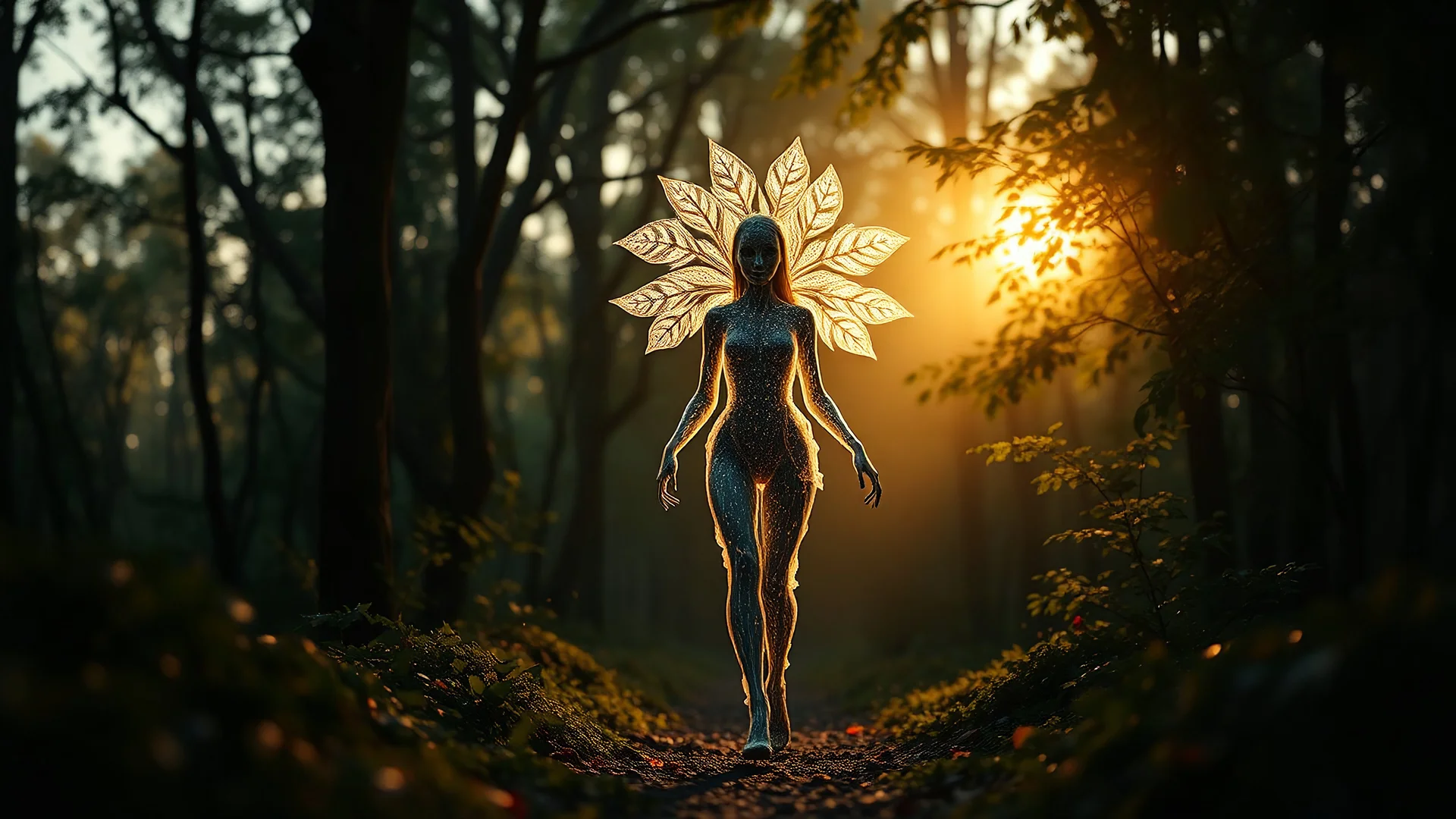 photoreal ultra realistic full body shot of the forever forward walking a beautiful girl translucent alien ,morphing and changing to leaves while walking from the forest glade at glowing dawn, otherworldly creature, in the style of fantasy movies, photorealistic, bokeh masterpiece smooth shading, ultra detailed, high resolution, cinematic, unreal 6, subtle shadows, octane render, 8k, cinema 4d, HDR, dust effect, vivid colors