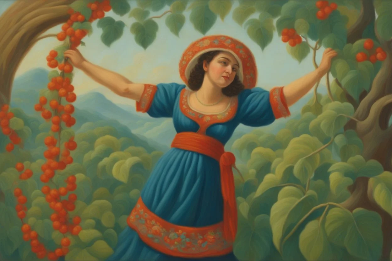 a lush jungle, a woman dressed in embroidered folk costume with a beaded bonnet on her head holding on to a vine with one hand while swinging across and reaching for the next vine with the other, dynamic movement, sunshine, oil on canvas