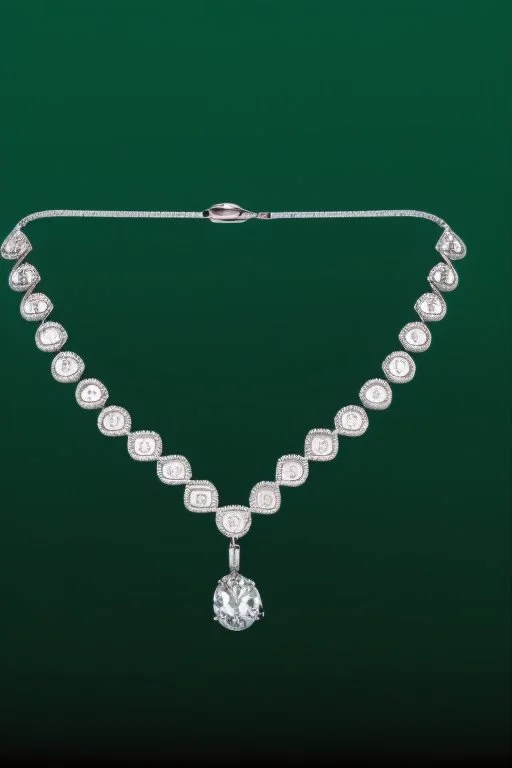 nice diamond and white gold necklace on manquin stand in luxury environment