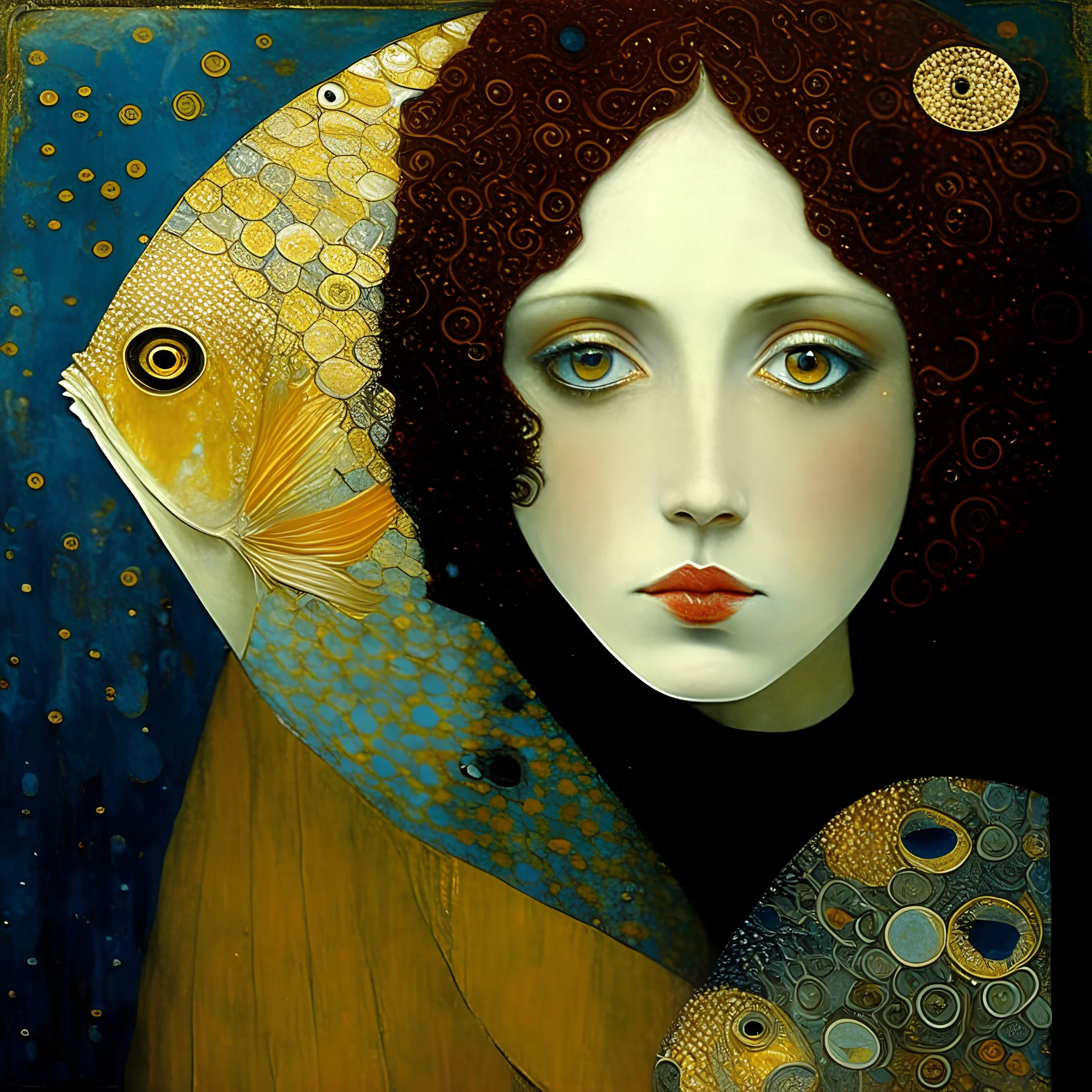 Two fish and portrait of youg woman painted loosely by Klimt