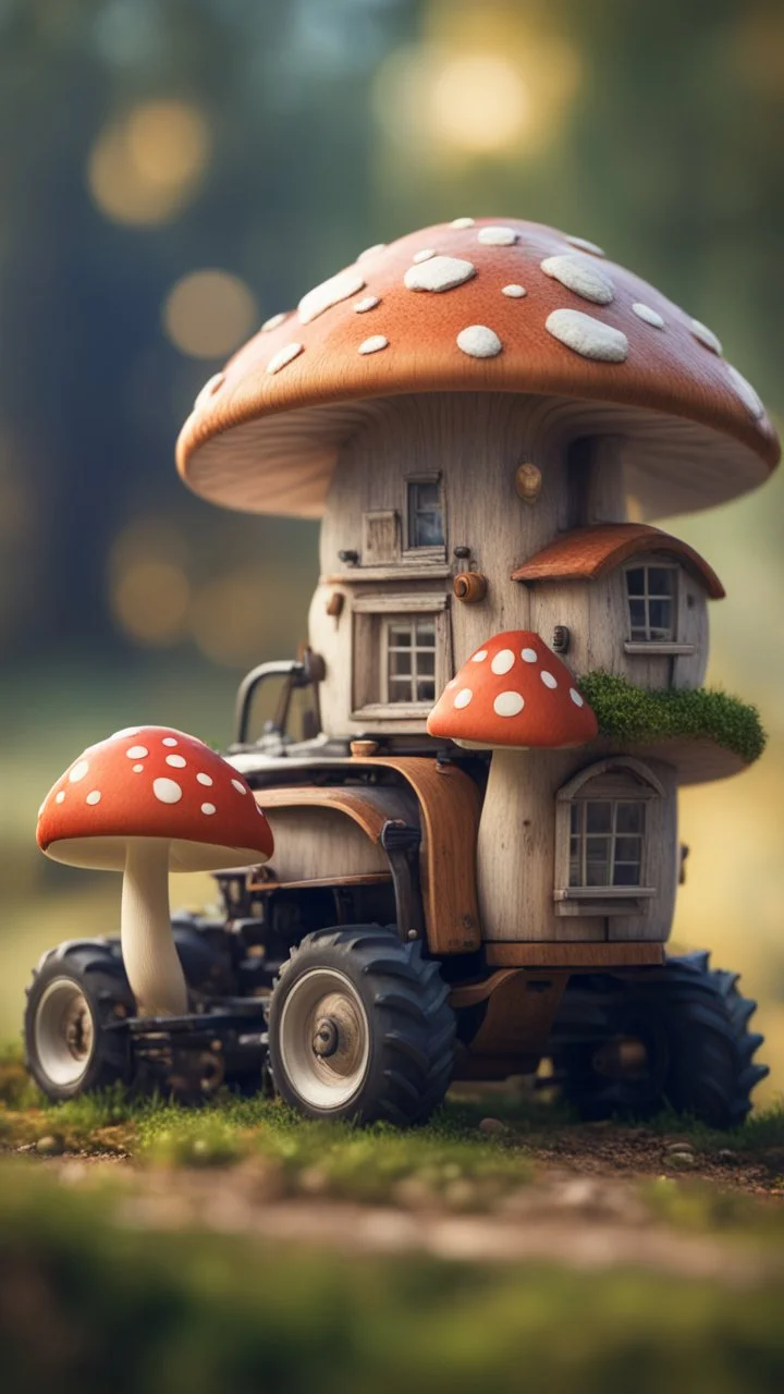 tractor with a mushroom house on top,bokeh like f/0.8, tilt-shift lens 8k, high detail, smooth render, down-light, unreal engine, prize winning