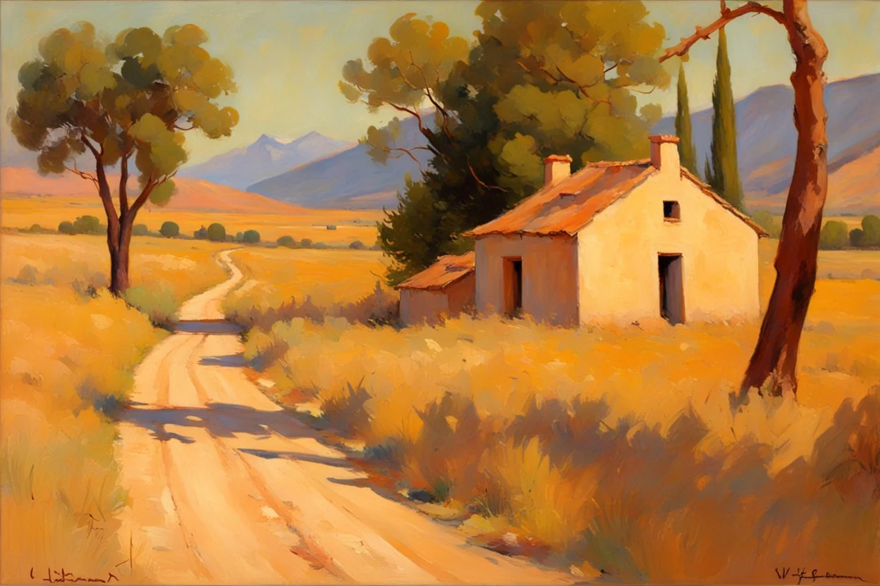 sunny day, mountains, trees, dirt road, countryside, adobe house, wilfrid de glehn and rodolphe wytsman impressionism paintings