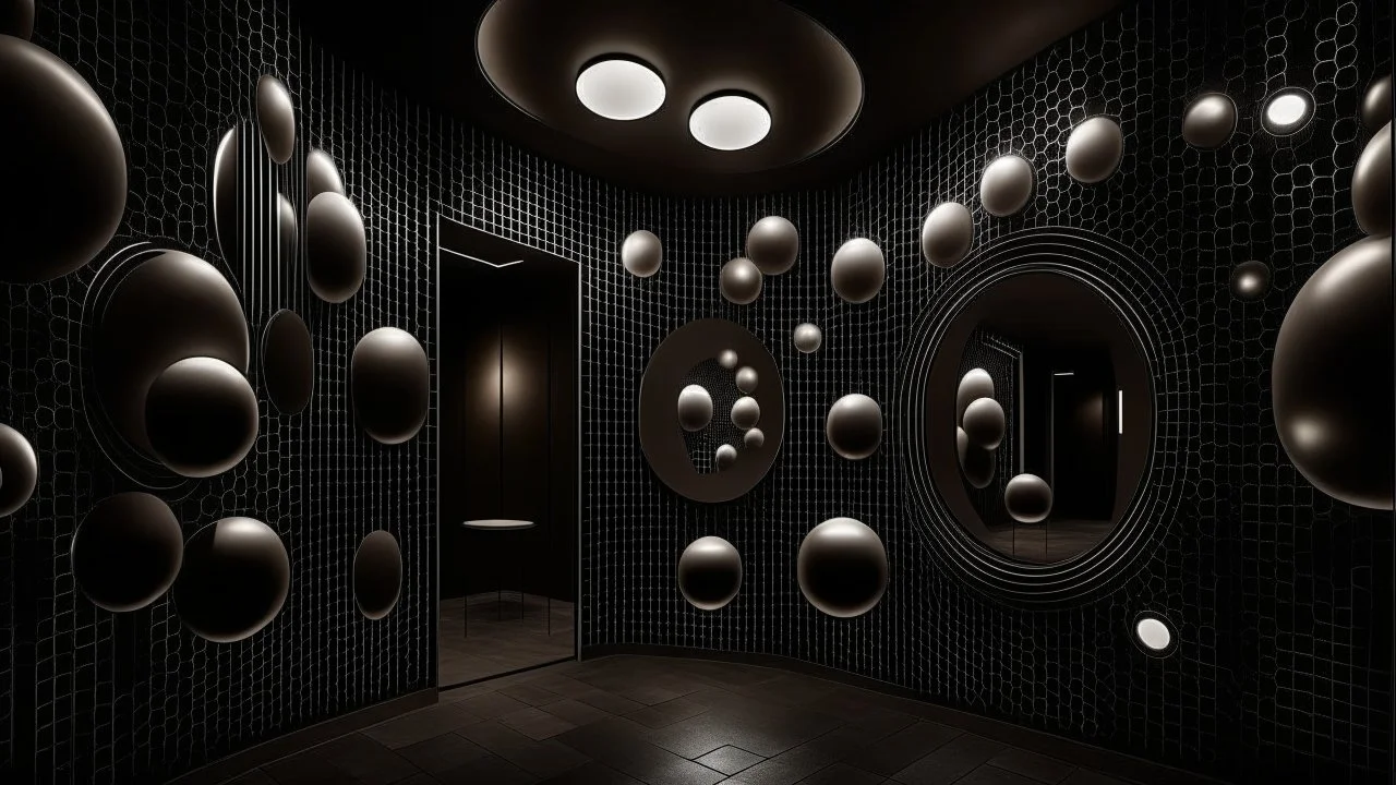 A set of circular mirrors of different sizes and at different heights randomly placed inside a room with a translucent wall through which light filters. The ceiling is dark and the floor is light and the mirrors produce unexpected reflections.