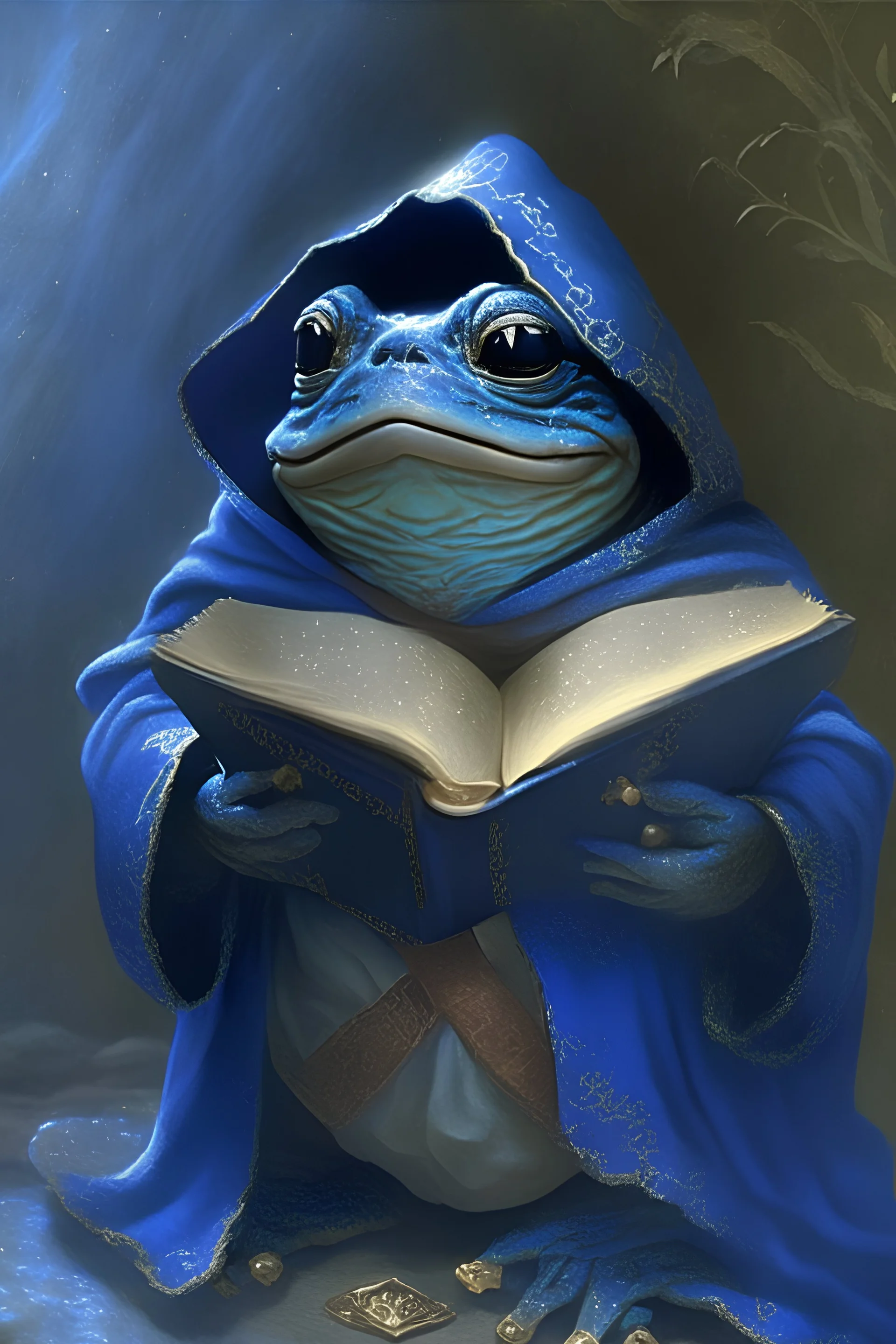 a very happy iceblue young toad wearing a black cloak and a sorcery book