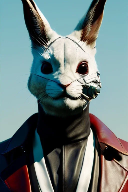 Medium Close Up Portrait, Front image. cyberpunk, rabbit mask, spanish man, white short hair. leather, suit. White, black, red, color. cyber style. Color background, photo studio. Avatar image, highly detailed, concept art, smooth, unreal engine 5, god rays, ray tracing, RTX, lumen lighting, ultra detail, volumetric lighting, 3d, finely drawn, high definition, high resolution.