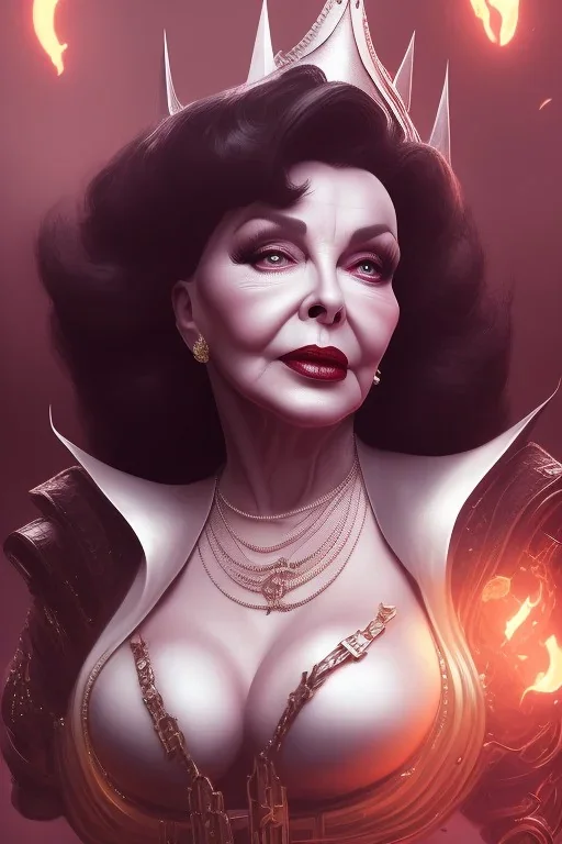 Joan Collins as evil queen in black leather, leather, busty, cleavage, angry, stern look. character design by cory loftis, fenghua zhong, ryohei hase, ismail inceoglu and ruan jia. unreal engine 5, artistic lighting, highly detailed, photorealistic, fantasy