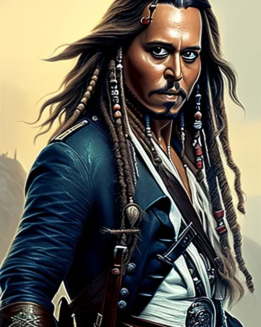 Captain Jack sparrow, full-scale head and shoulders portrait, 8k resolution concept art portrait by Greg Rutkowski, Artgerm, WLOP, Alphonse Mucha dynamic lighting hyperdetailed intricately detailed Splash art trending on Artstation triadic colors Unreal Engine 5 volumetric lighting Splash art fantasy