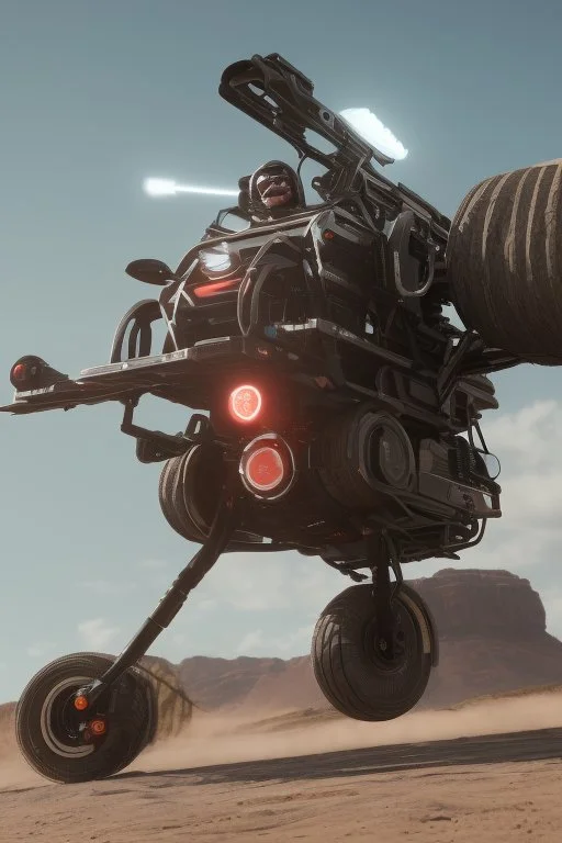 An advanced motorcycle with four wheels and a turbo jet in the back with rockets and machine guns