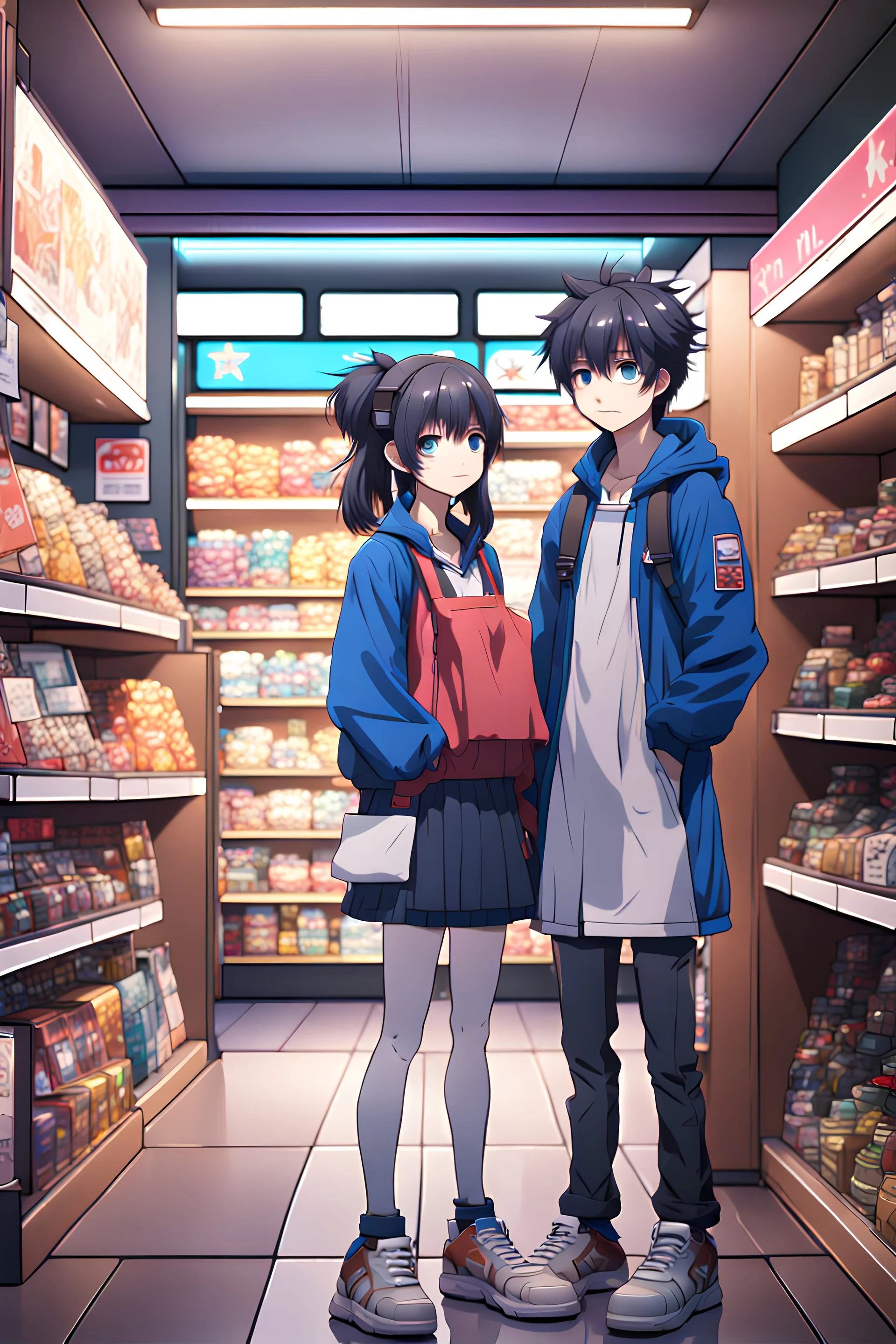 Two persons are in the small store, anime style, 8K resolution, high quality, ultra graphics, and detailed with lines.