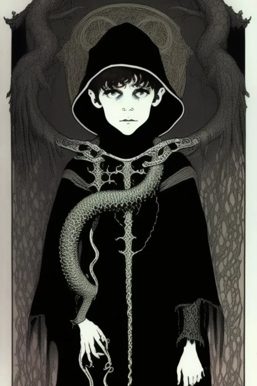 7 year old boy, necromancer, friendly, looks dead,with a lamprey serpent , wearing black robes, in the style of Harry Clarke