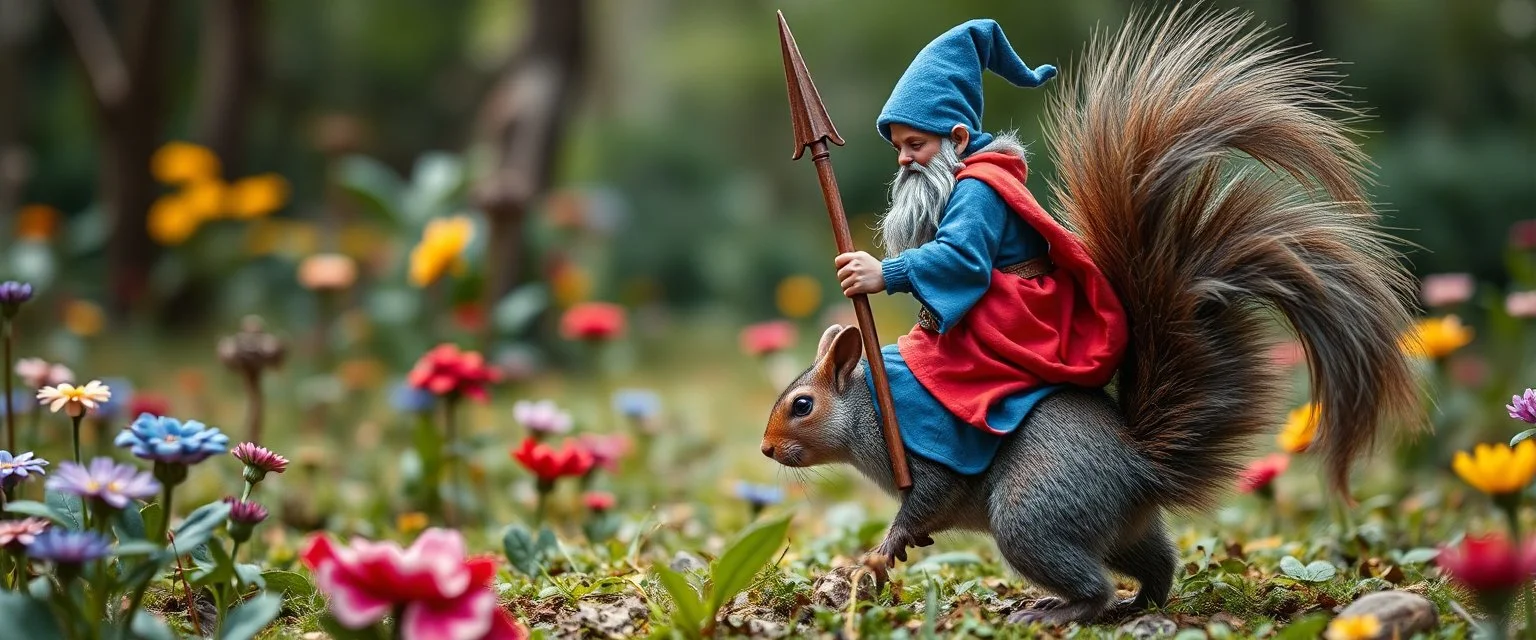 depth of field, halo, close up on blue and red clothed gnome riding squirrel with lance in garden of eden in the style of Escher and Giger