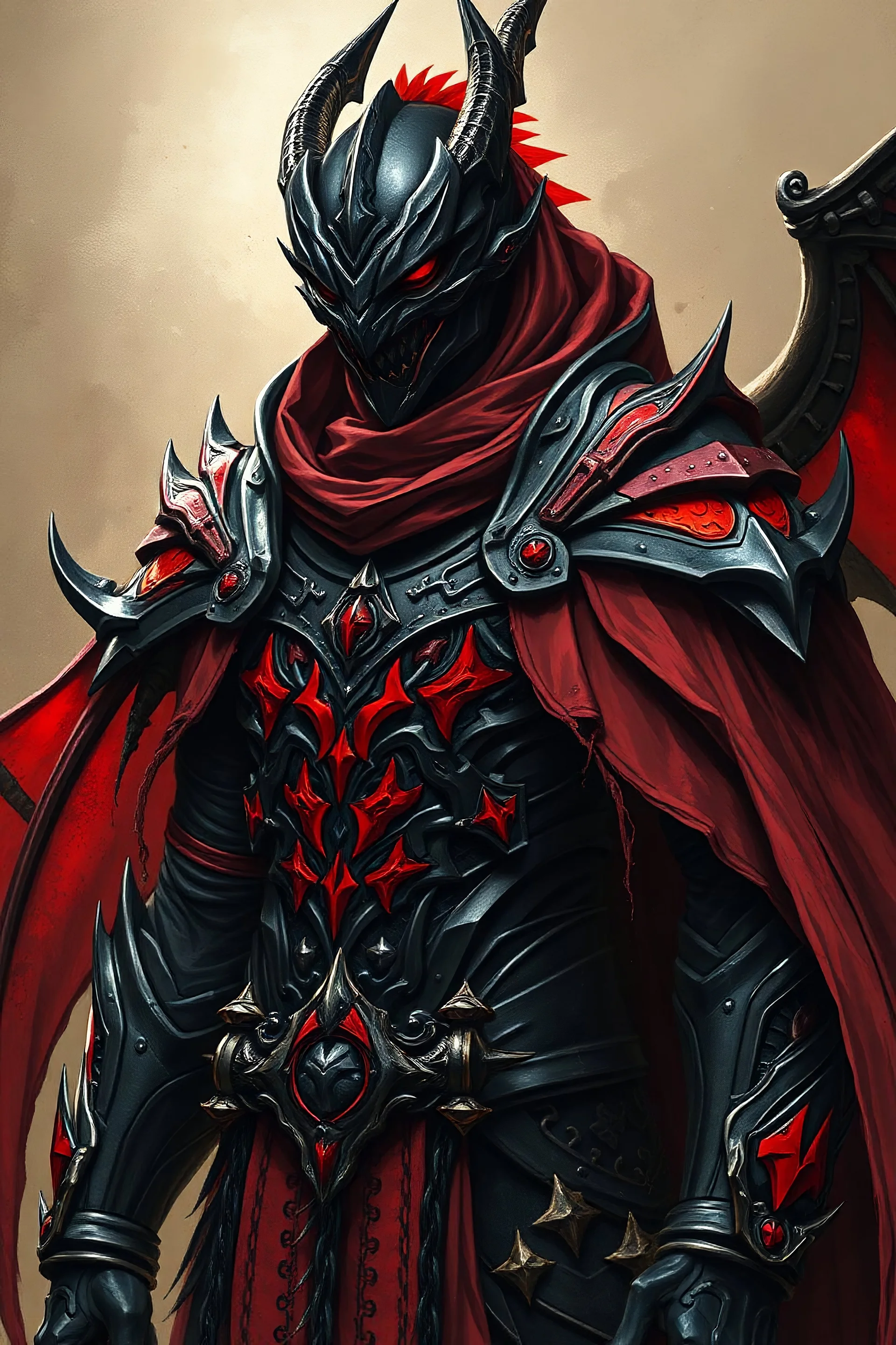 A dark draconic knight who has his black and red armor fused to his skin