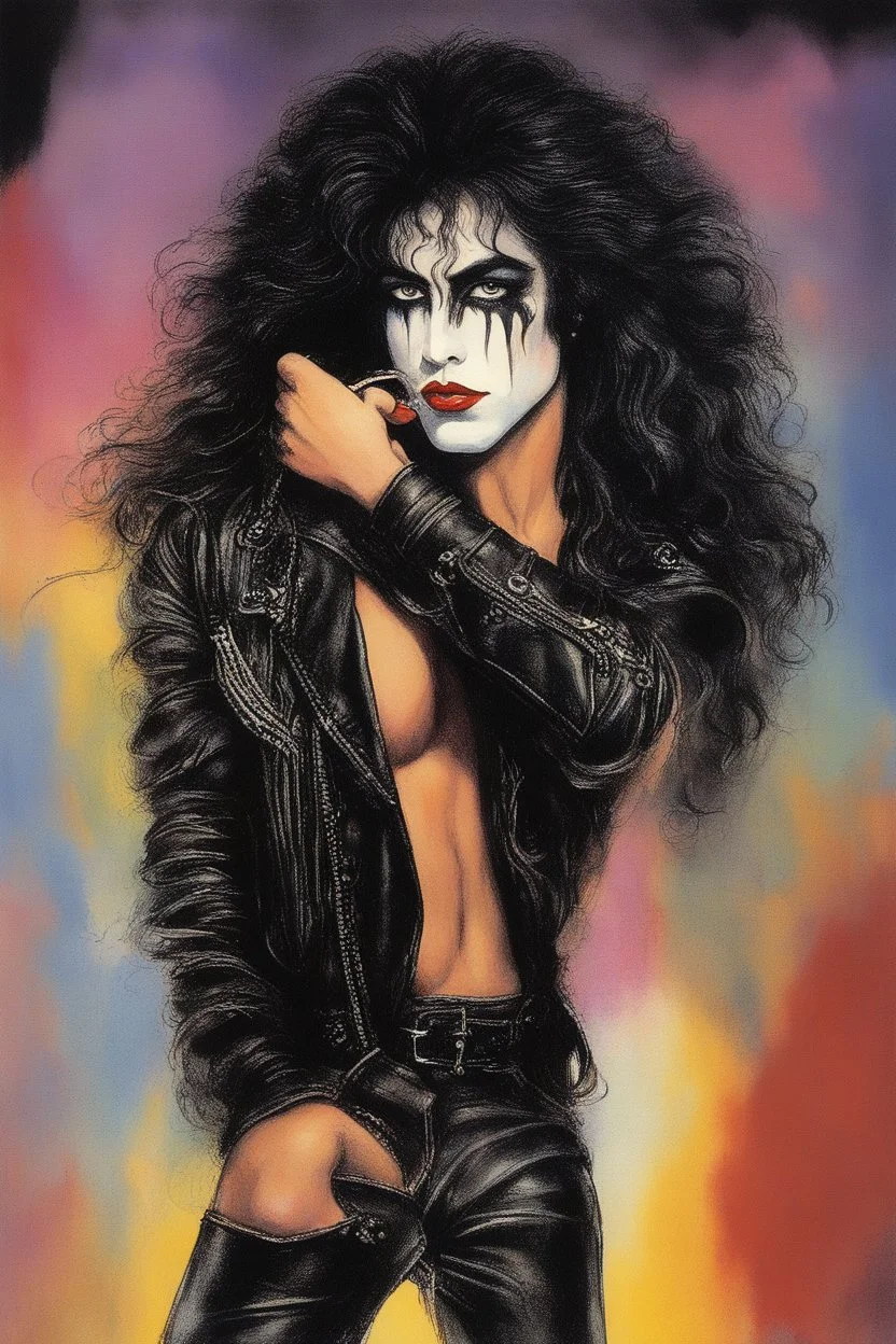 text "KISS" - facial portrait with makeup - 20-year-old Paul Stanley with long, wavy curly black 1980's style big hair, wearing a black leather jacket, extremely colorful, multicolored watercolor stained wall in the background - in the art style of Boris Vallejo, Frank Frazetta, Julie bell, Caravaggio, Rembrandt, Michelangelo, Picasso, Gilbert Stuart, Gerald Brom, Thomas Kinkade, Neal Adams - explosions, flames, fog, clouds, dust,