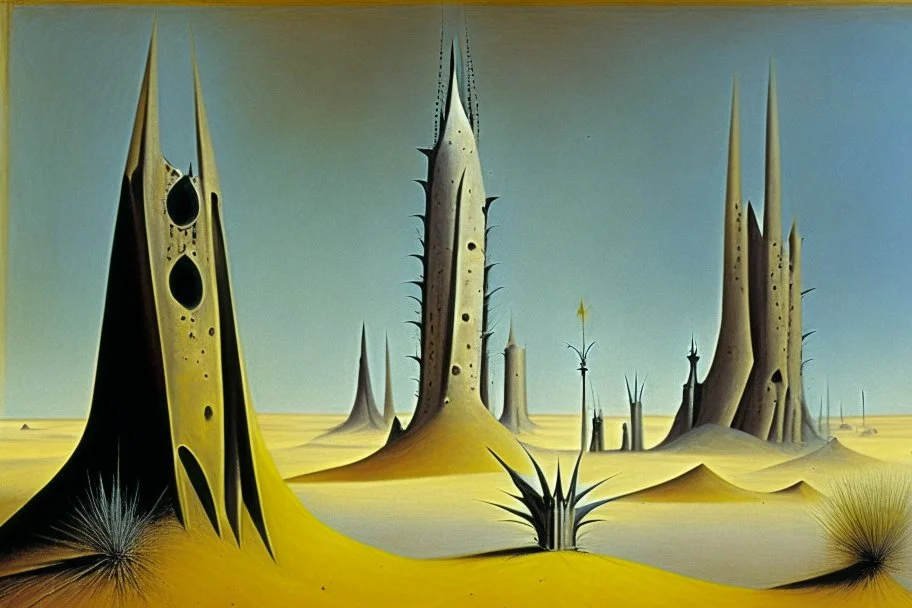 Mysterious towers in a desert landscape by artists "Leonora Carrington" and "Max Ernst"