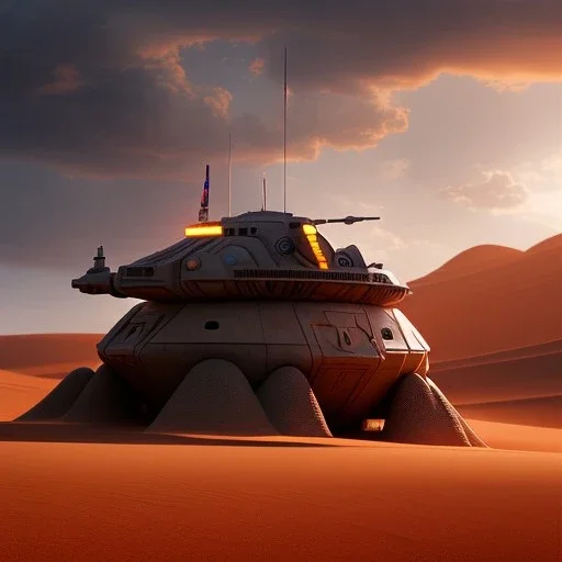 volumetric desert environment, Ralph McQuarrie style painting, armored hovercraft, highly detailed, renderman